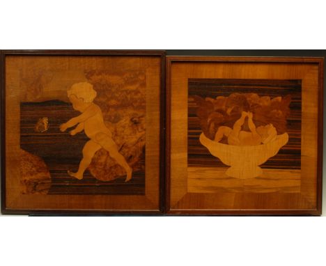 A pair of Art Deco marquetry panels, in the manner of Rowley Gallery, inlaid in specimen timbers with children, 46cm square, 