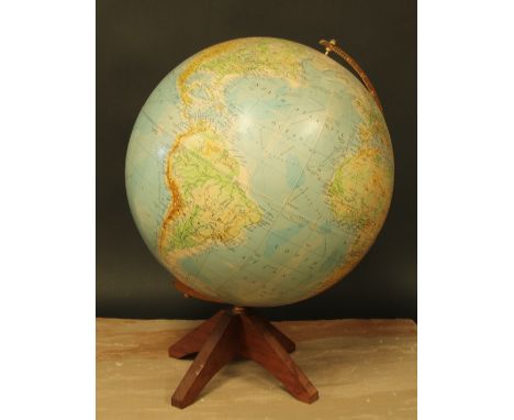 A 13” terrestrial Worldmaster globe, by George Phillip &amp; Son Ltd, London, gilt horizon ring, hardwood X-shaped base, 50cm