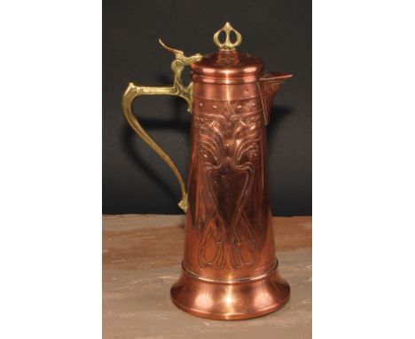 A WMF Art Nouveau copper and brass spreading cylindrical jug, embossed with stylised flower buds and whiplash stems, skirted 
