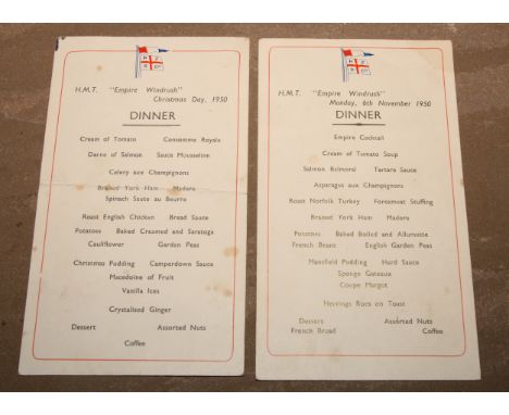 Maritime History - Iconic Ship - a dinner menu, HMT Empire Windrush, Christmas Day 1950, signed to verso; another, Monday 6th