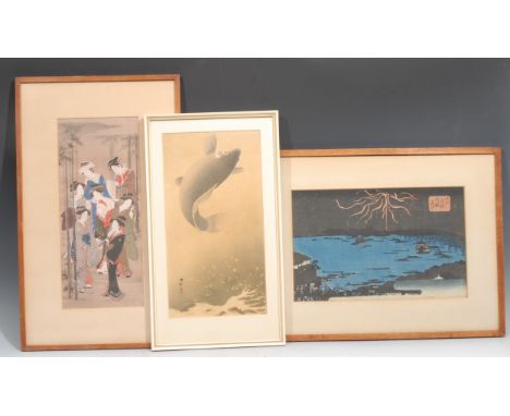 Japanese School (Meiji period), a woodblock print, a harbour, 21.5cm x 33.5cm; others, Geisha; koi carp (3) 