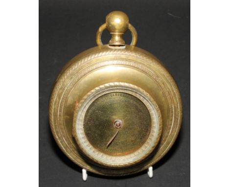 A French Empire gilt brass sedan barometer, 5.5cm circular register, ring finial, 11cm diam, 19th century 