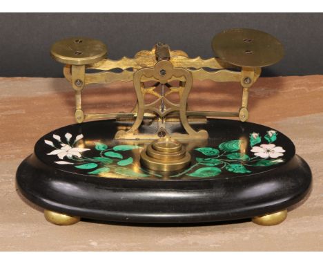 A set of 19th century Derbyshire Ashford marble postal scales, the oval base inlaid in malachite and specimen stone with lili