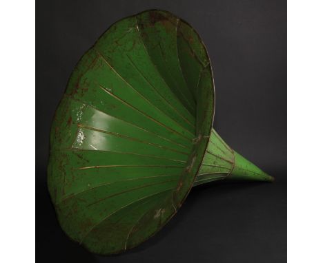A large early 20th century green tinplate phonograph horn, with suspension hook, 57cm diameter, 63.5cm long 