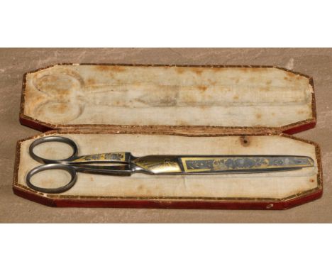 A pair 19th century steel and gilt scissors, by M C Cronstedt, 17.5cm long, fitted case 