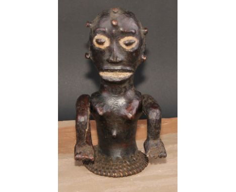 Tribal Art - an Ekoi leather figural headdress, probably depicting an ancestor, fibre trim to base, 29.5cm high,  Nigeria 
