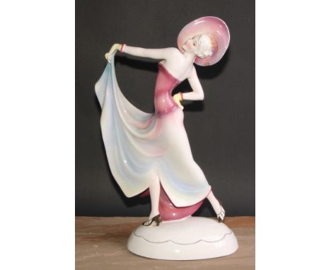 A large Katzhutte Art Deco figure, of a lady dressed a la mode, oval base, printed mark, 50cm high 