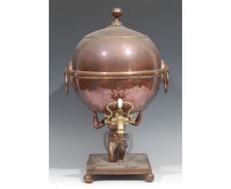 A Regency copper and brass figural pedestal samovar, the globular cistern supported by the kneeling figure of Atlas, ring han