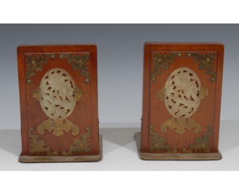 A pair of Chinese jade mounted hardwood bookends, applied in brass cut-card work with bats, 16cm high, first half 20th centur