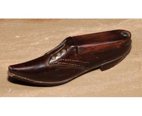 A 19th century mahogany novelty snuff box, as a shoe, pivoting cover, 12.5cm long 