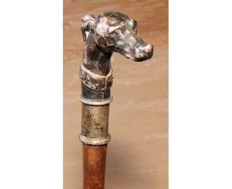 An early 20th century novelty walking stick, the silvered top as the head of a dog, 80.5cm long 