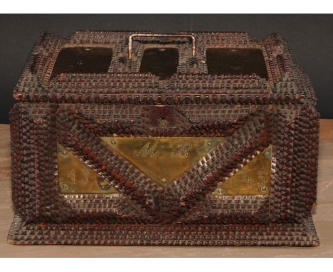 Folk Art - a late 19th century tramp art rectangular box, mounted with brass panels, typical geometric borders, 30cm wide, c.