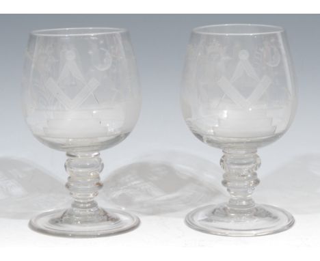 Freemasonry &amp; Friendly Society Interest - a pair of 19th century drinking glasses, each profusely etched with square and 