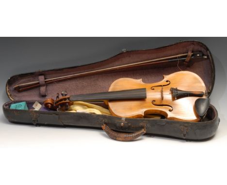 A violin, the two-piece back 35.75cm long excluding button, ebonised tuning pegs, outlined throughout with purfling, 60cm lon