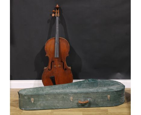 A cello, the two-piece back 77cm excluding button, boxwood tuning pegs, outlined throughout  with purfling, 128cm long overal