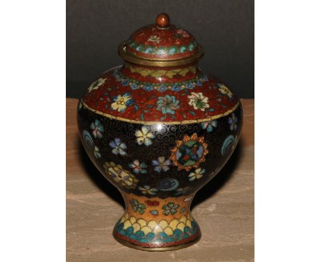 A Japanese cloisonne enamel ovoid vase and cover, 13.5cm high 