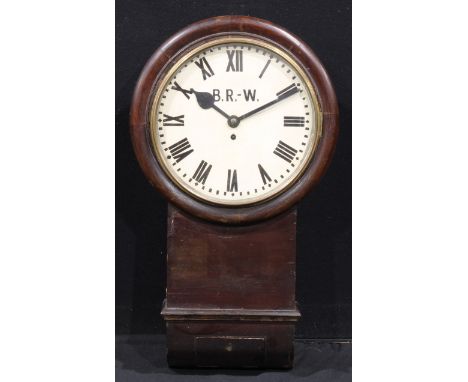 Railwayana - a G.W.R. mahogany drop dial fusee wall clock, Roman numerals on white dial, later inscribed B.R.-W, plaque to si