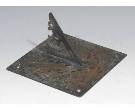 A bronze sundial, shaped gnomon, Roman numerals, engraved Shaddowes (sic) and dated 1711, 15.5cm square 