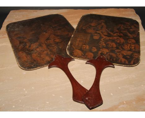 A pair of George III mahogany and card hand screens, the large rounded rectangular banners printed with Old Master prints and