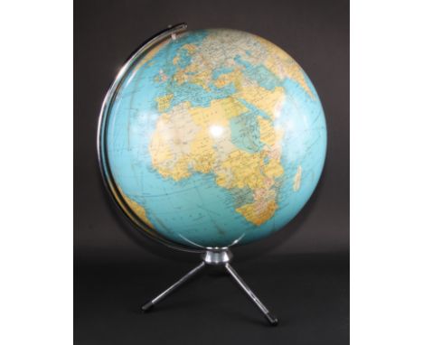 A 19" Phillips' Terrestrial Globe, by George Phillip &amp; Son Ltd, London, 64cm high, chrome horizon ring and stand, publish