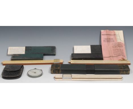 A Fowler's Textile Calculator, short scale type, 9cm over loop, cased; slide rules, various manufacturers (4) 