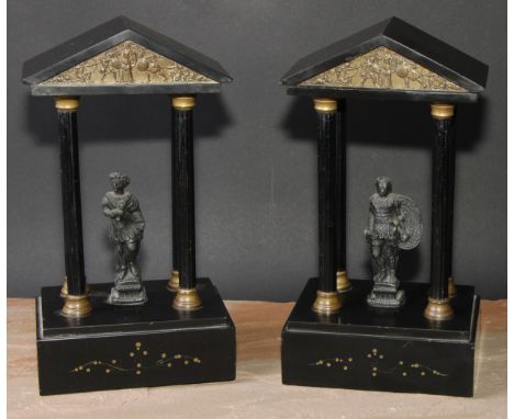 A pair of late 19th century black marble library porticoes, each architectural cornice with bas relief entablature, above a f