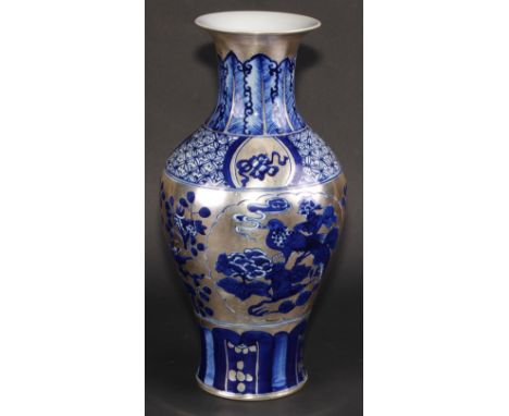 A Chinese baluster vase, decorated in silver lustre and underglaze blue with flowers, clouds and precious objects, 36cm high,