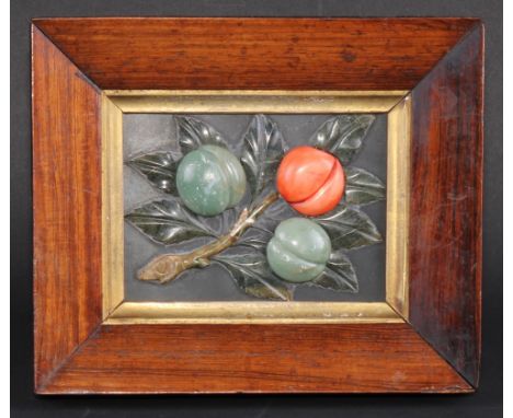 A 19th century rectangular specimen hardstone panel, applied in sample stones with a fruiting branch, 7.5cm x 10cm, rosewood 