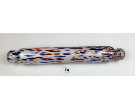 Coloured glass rolling pin 16.5” long. Small chips on one end, blemish in glass