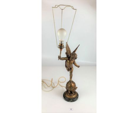 French Spelter cherub lamp on round onyx base with pink lampshade. Marked ‘L’Amour Vagabond’ after Emile Bruchon. Height to t
