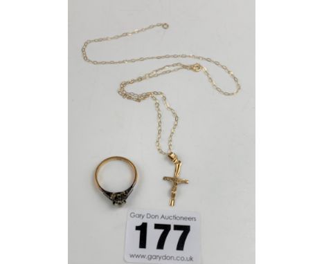 9k gold and white stone ring, size K/L and 9k gold chain with crucifix, total w: 2.9 gms