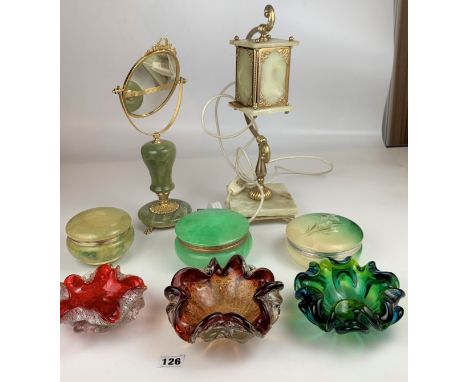 3 coloured glass ashtrays and 5 pieces of onyx ware including 3 lidded bowls, lamp and mirror