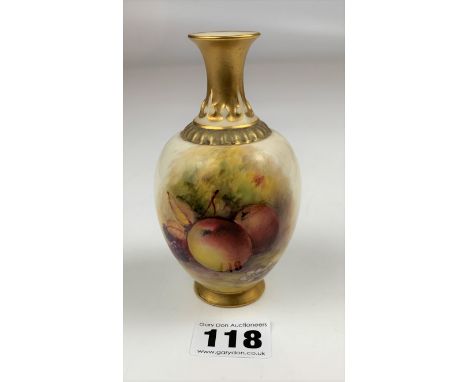 Royal Worcester vase, hand painted with fruit design and signed, 5” high