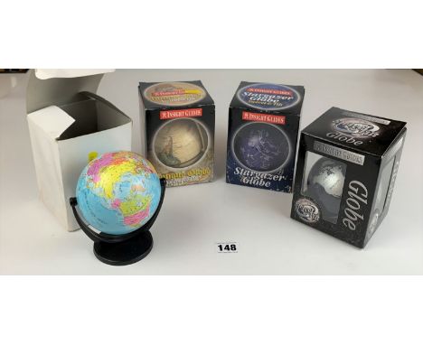 4 boxed globes, 5.5” high – Edition Atlas globe, Insight Guides Stargazer Globe, Insight Guides Antique Globe and Insight Gui