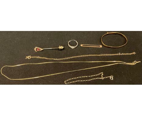 A 9ct gold bar brooch, a 9ct gold necklace and bracelet, 3.3g; a 9ct rose gold stock pin set with stones, 1.2g; a rolled gold