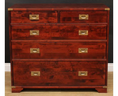 A Laura Ashley campaign type chest of drawers, brass military handles, bracket feet, 98cm high, 110cm wide, 50cm deep 