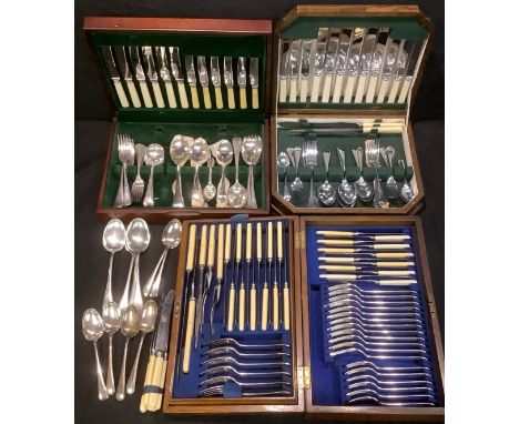 An oak canteen containing a set of silver plated flatware for twelve; others, a canteen of flatware for six; another similar 