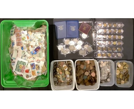 Coins, Tokens and Stamps - a collection of mainly 20th century tokens and other numismatica to include a plastic covered ring