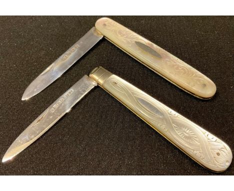 A Victorian silver and mother of pearl folding pocket fruit knife, Sheffield 1876; another, Birmingham 1900 (2) 