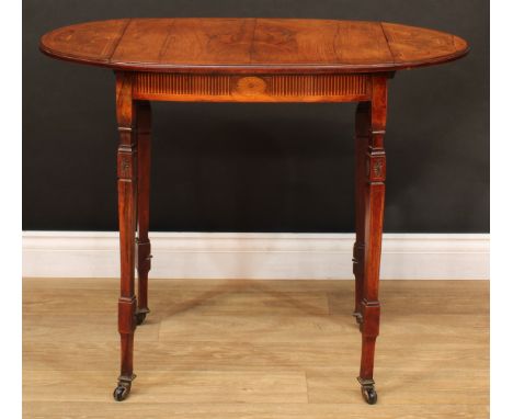 A Sheraton Revival rosewood and marquetry centre table, oval top with fall leaves inlaid with scrolling acanthus and bell hus