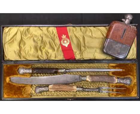 A Victorian horn hafted three piece carving set, silver coloured metal mounts, Joseph Haywood, cased; an early 20th century p