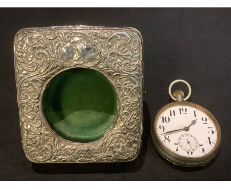 A goliath pocket watch in silver mounted travel case/stand, the stand marked Chester 1908 