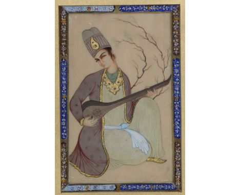Persian SchoolA Court Musiciangouache on panel, 20.5cm x 13cm, gilt frame, 37cm x 29.5cm overall 
