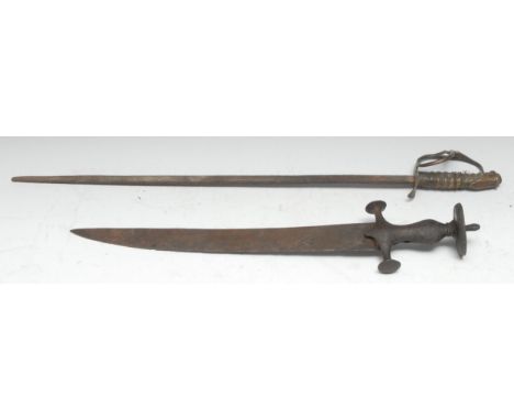 A 19th century child's infantry sword, 48cm blade, brass hilt, 58cm long overall; an Indian tulwar 'dagger', 34cm blade, disc