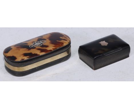 A 19th century gold coloured metal mounted tortoiseshell rectangular snuff box, 6cm wide, c.1840; another (2) 