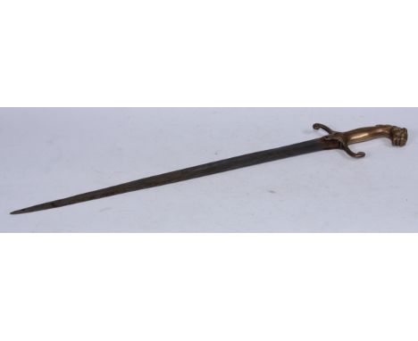 A 19th century bandsman's sword, 50.5cm pointed double-edged blade, brass hilt with S-scroll quillon and lion head pommel, 62