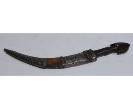 A Middle Eastern silver mounted kindjal dagger, 21.5cm curved blade, horn hilt, the scabbard with chased panels and collet se