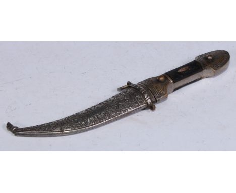 A Middle Eastern kindjahl dagger, 13.5 curved blade, two-piece grip, the scabbard chased with figures and scrolling motifs, 2