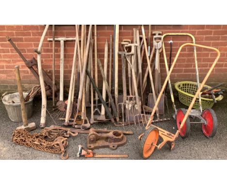 Tools - gardening and agricultural tools, a scythe, spades, forks, shears, hoe, rakes, chains with hooks, axes; others, some 