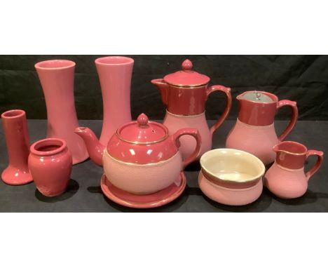 Lovatts Langley two tone pink part tea or coffee set, comprising teapot and stand, coffee pot, lidded jug, sugar bowl and mil